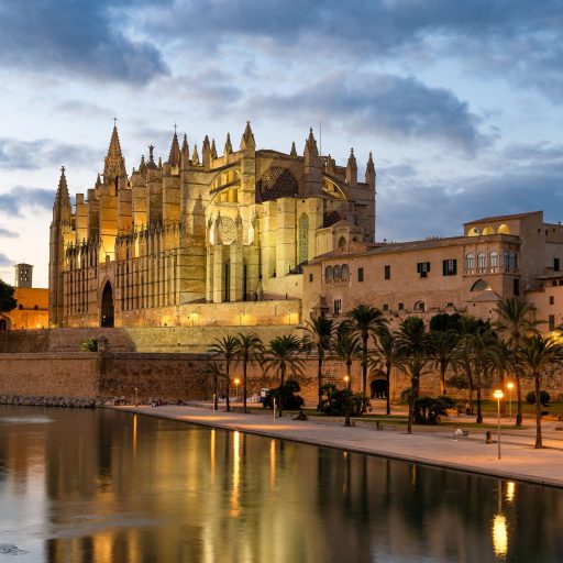 An evening view of the gothic Le Seu cathedral on Palma, Majorca